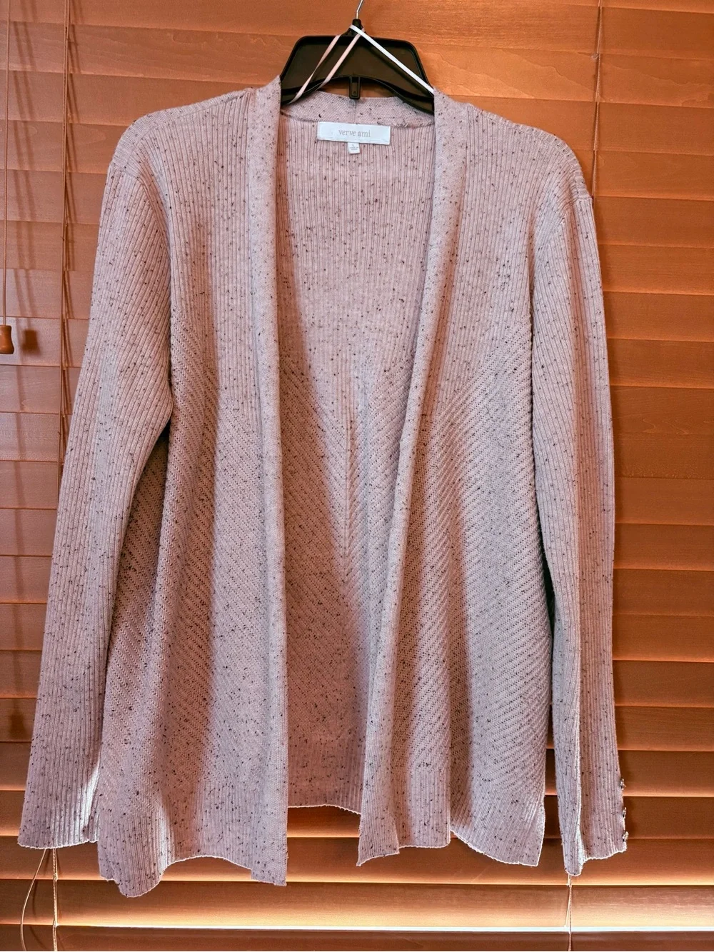 Verve Ami Open-Front Ribbed Cardigan - Light Pink with Fleck. Size Large